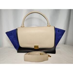 Celine Trapeze Bag Tri-Color Leather Suede Blue Cream Black Shoulder Bag Tote